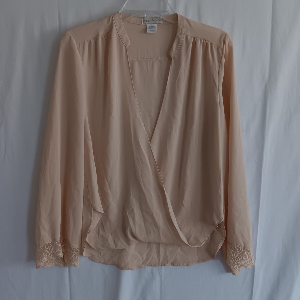 Jealous Tomato Blouse Womens Small Beige Lace Cuff Sheer Surplice JT3439